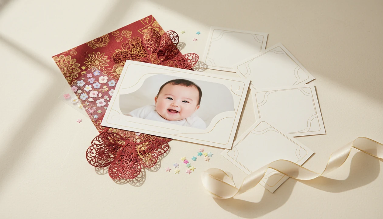 A flat lay of baby milestone photo templates with red, gold, floral, and pastel keepsake details.