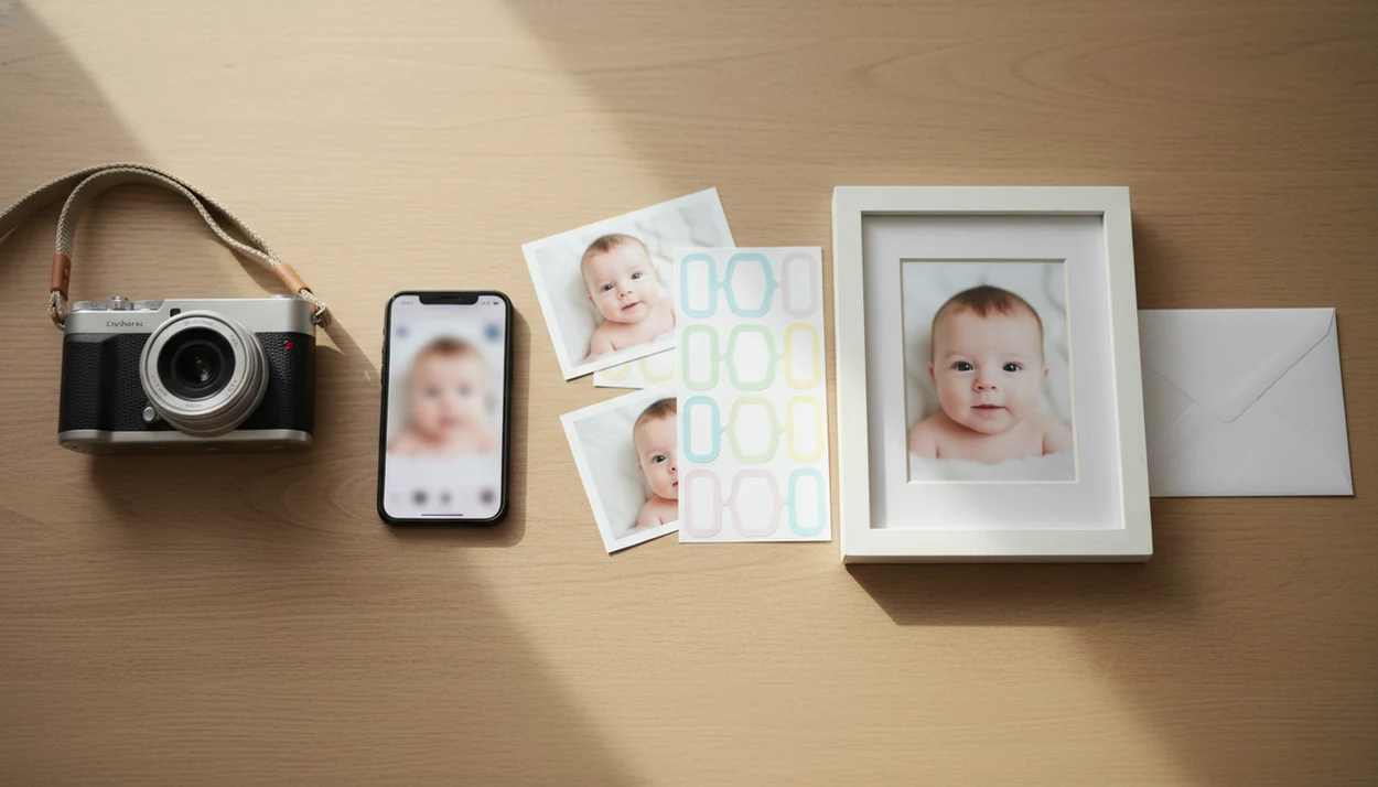 A flat lay shows camera, phone, baby photo prints, stickers, and a framed keepsake in an editing workflow.