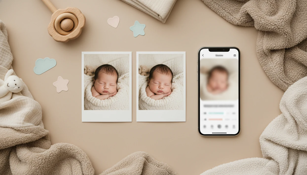 Two baby photo prints show a natural before-and-after edit on a calm nursery desk.