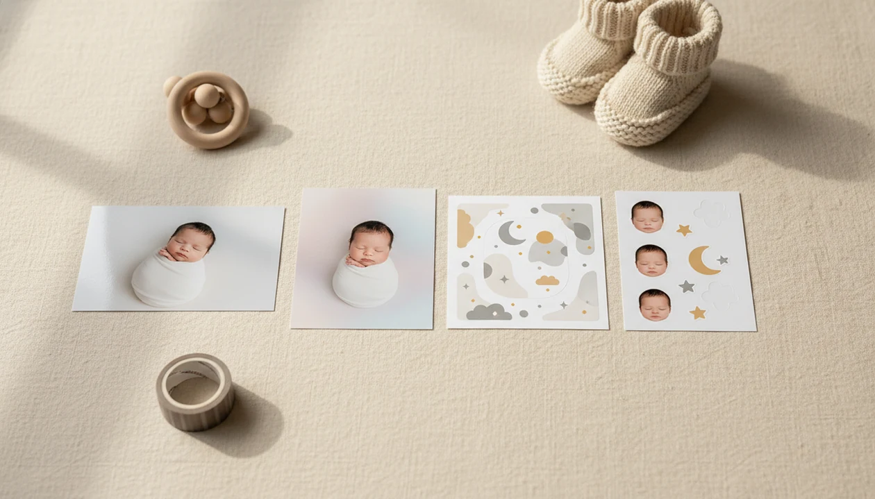 A baby snapshot is shown beside AI-styled keepsake prints, milestone cards, and sticker cutouts.