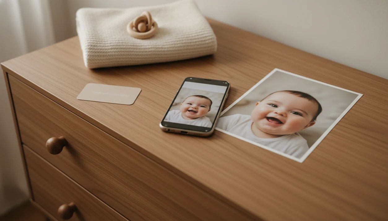 A phone snapshot and matching studio-style baby portrait sit on a softly lit nursery dresser.
