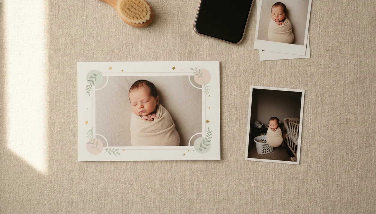 A newborn photo keepsake flat lay showing a simple snapshot transformed into a soft studio-style print.