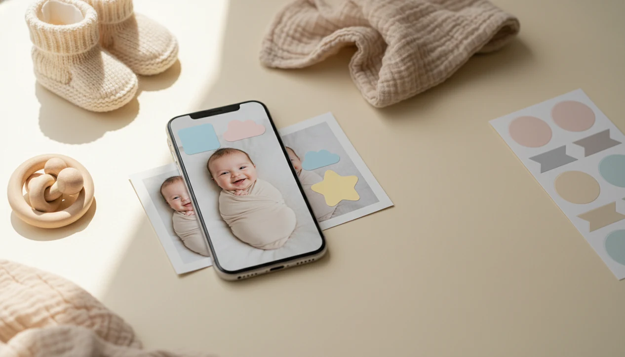 A baby photo, phone, and blank milestone stickers arranged on a soft nursery desk.