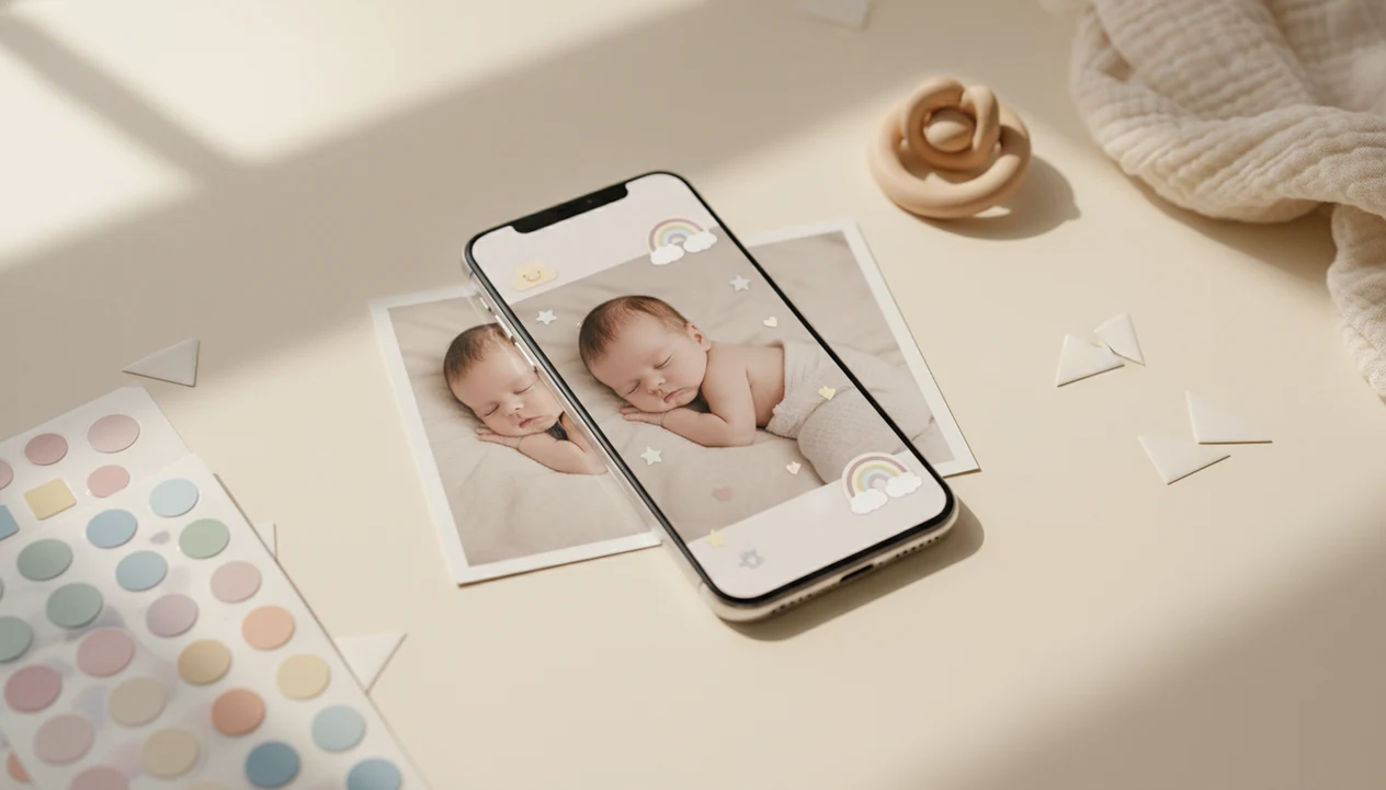 A baby photo beside a phone is decorated with pastel stickers for a keepsake album.