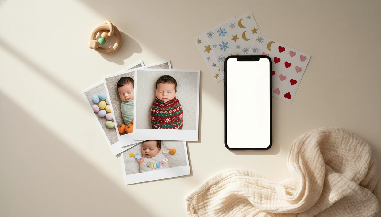 A flat lay of baby holiday photo prints, sticker sheets, and a phone on a nursery table.