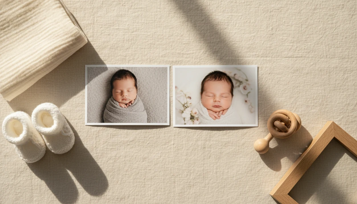 Two printed newborn photos show a casual snapshot beside a natural portrait-style keepsake edit.