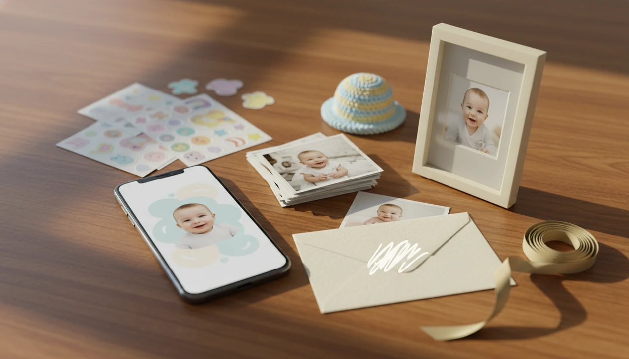 A phone, framed baby photo, prints, envelope, and keepsake items arranged as a grandparent gift.