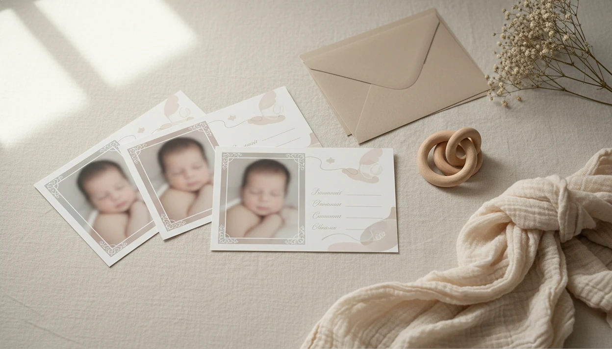 Printed newborn announcement cards lie on a soft nursery desk with envelopes and baby keepsakes.
