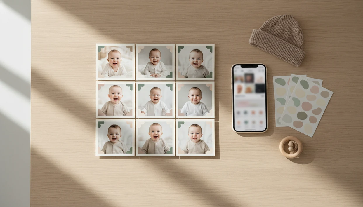 A flat lay of twelve coordinated baby milestone prints beside a phone and nursery keepsake props.