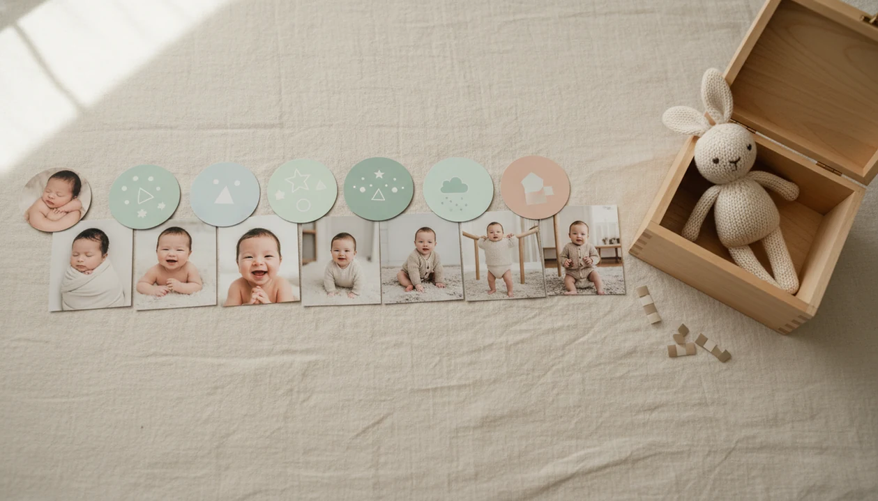 A flat lay of twelve baby photos arranged as a first-year milestone timeline on a soft blanket.