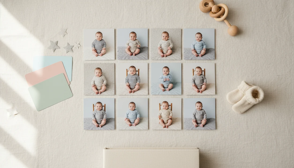A first-year grid of baby milestone photo prints arranged with soft keepsake props on linen.