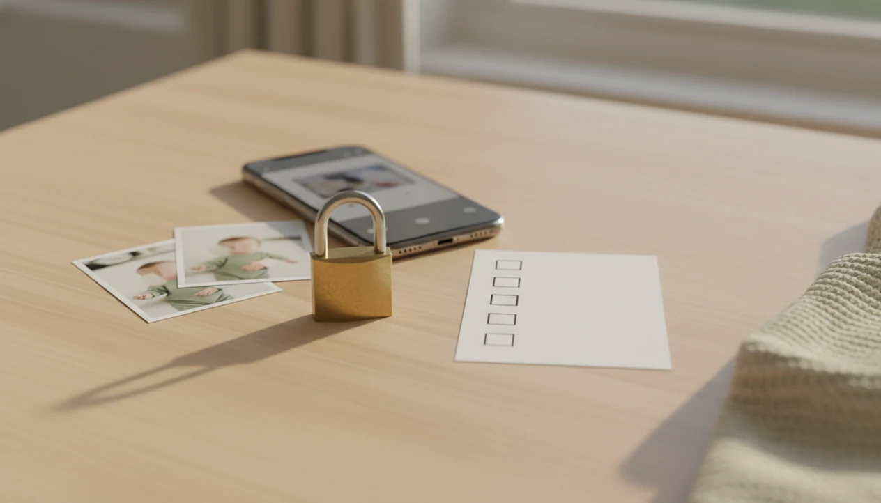 A phone, blank checklist, baby photo prints, and a padlock arranged on a calm desktop.