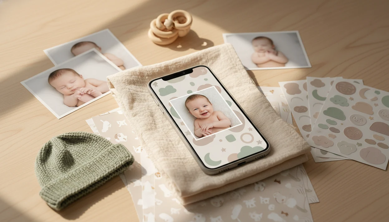 An Android phone on a nursery desk shows a baby photo being styled with soft milestone decorations.