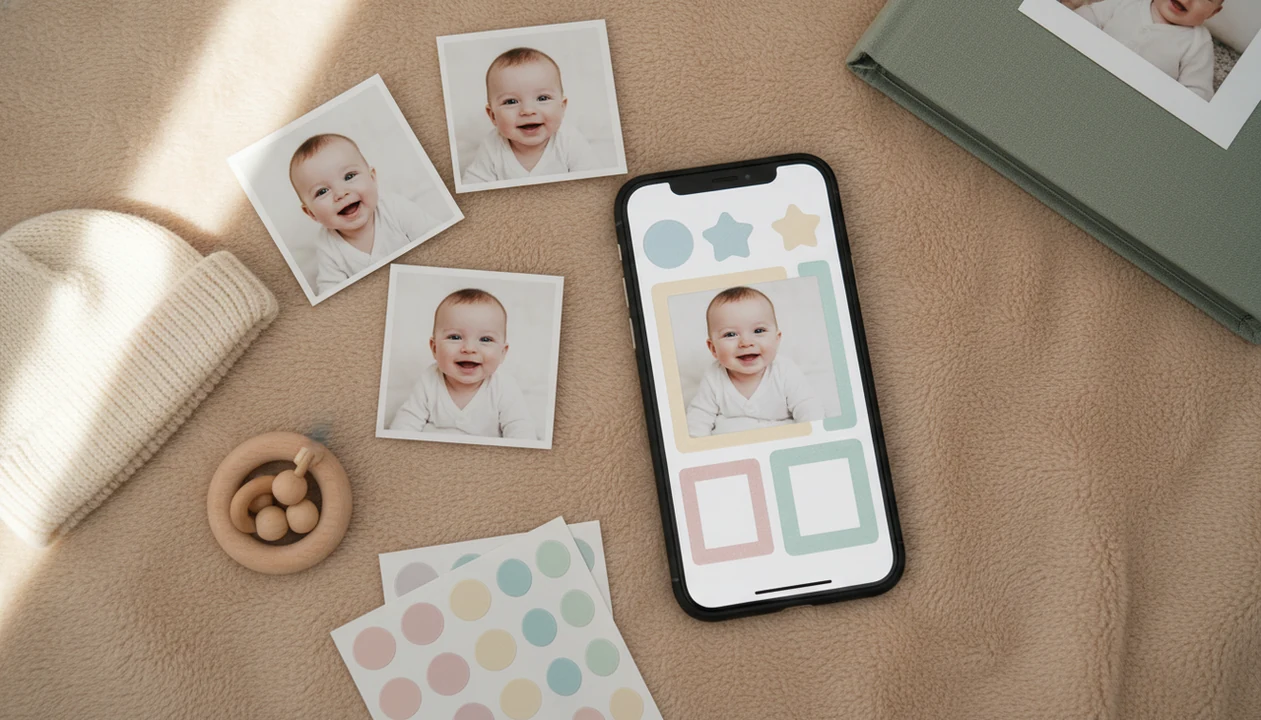 An iPhone on a nursery blanket shows a baby photo edit beside prints, stickers, and keepsake items.