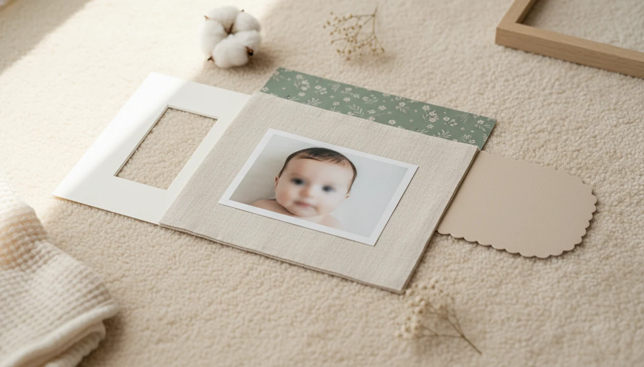 A baby keepsake photo styled with soft backgrounds, light frames, and gentle nursery materials.