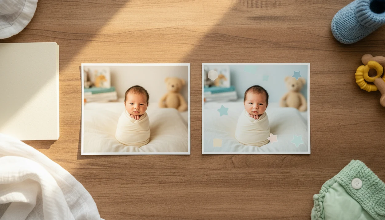 Side-by-side printed baby photos show a realistic original and gently enhanced newborn image.