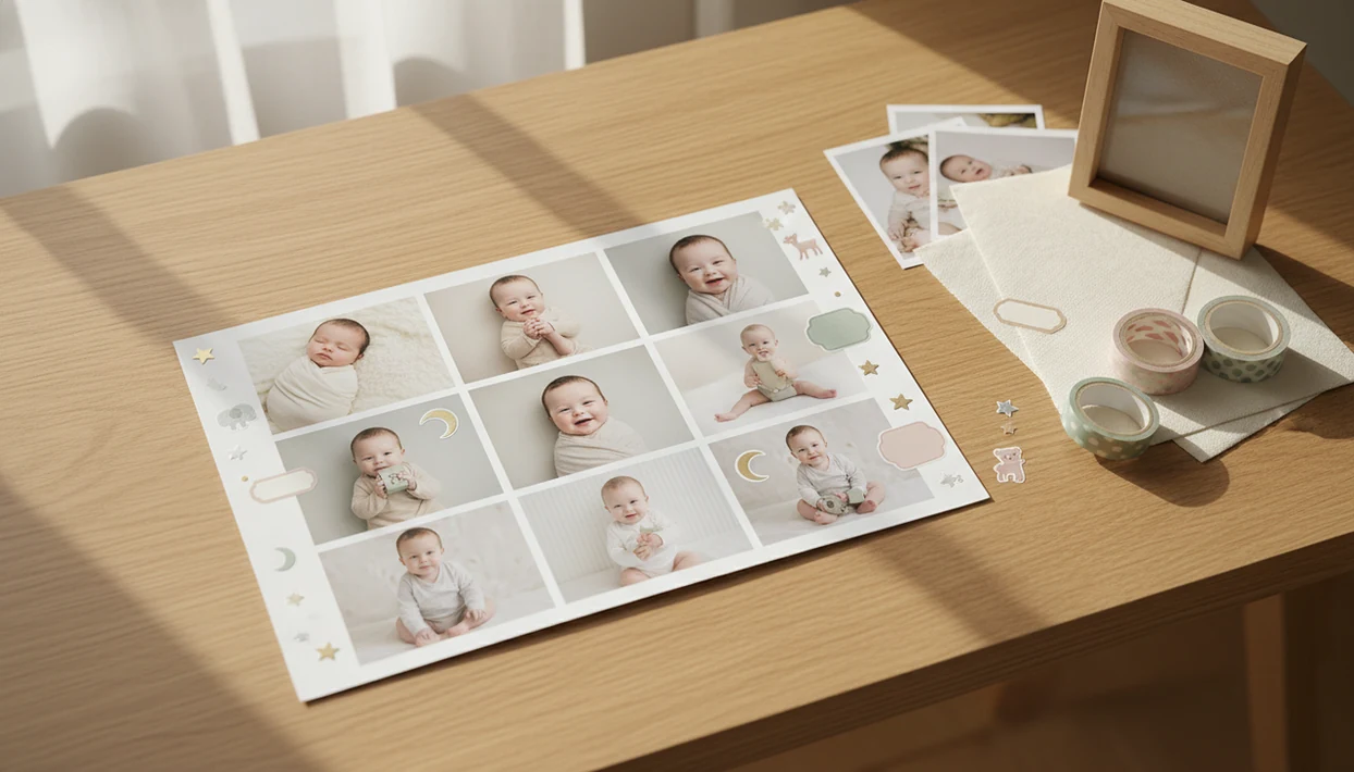 A printed baby photo collage with pastel stickers arranged on a nursery desk for a keepsake project.