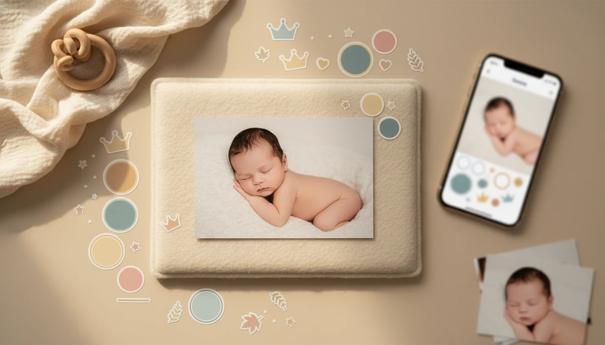 A nursery desk shows baby photo prints, pastel stickers, and a phone for making milestone keepsakes.