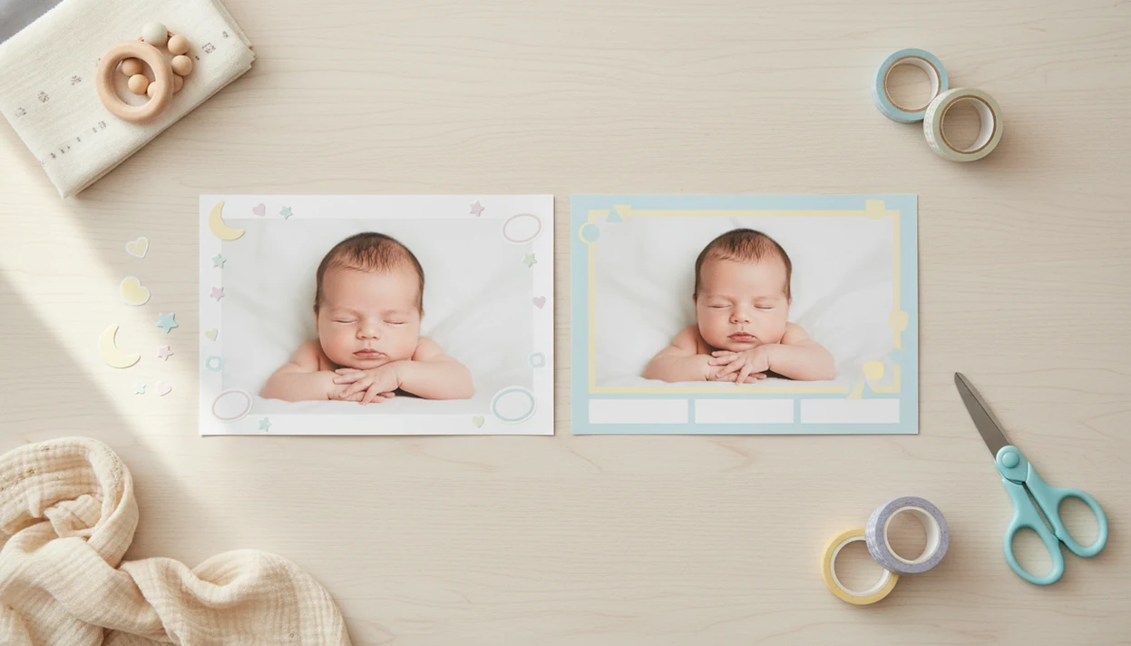 Two baby photo designs compare loose stickers with a structured milestone template on a nursery desk.