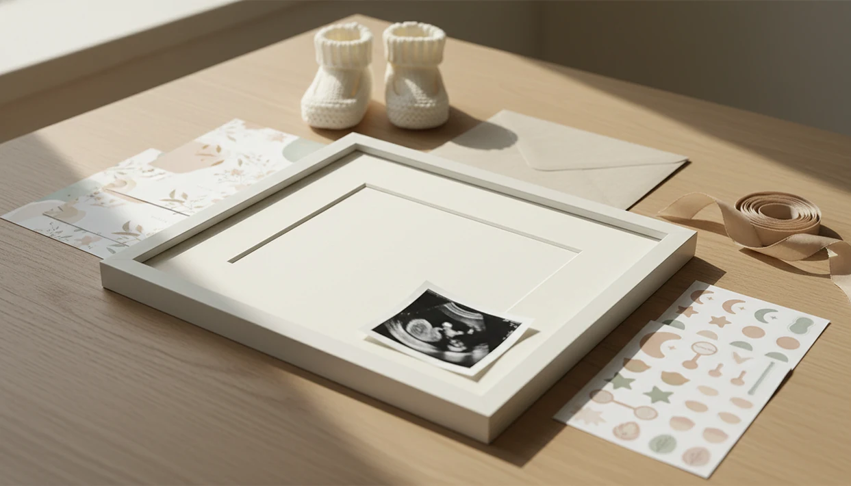 A baby shower keepsake frame workspace with pastel templates, stickers, booties, and an ultrasound photo.