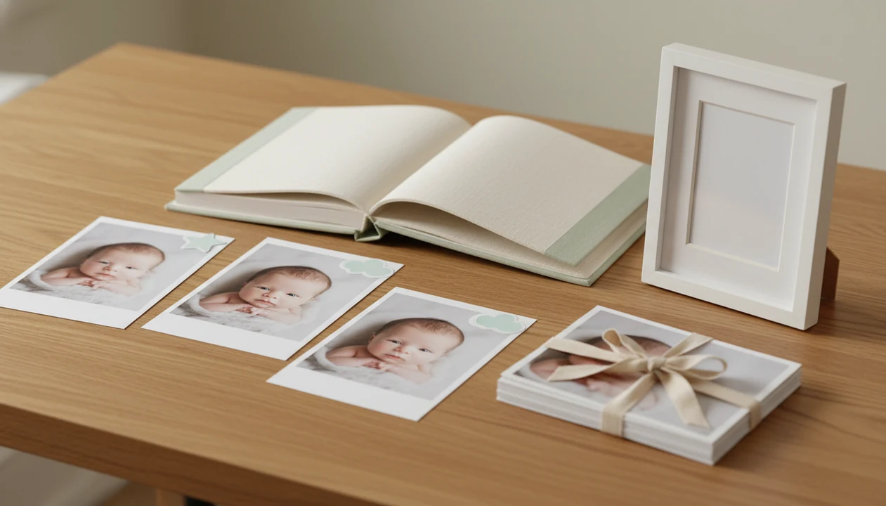 Print-ready baby photos arranged with an album, frame, and gift prints on a warm wooden table.