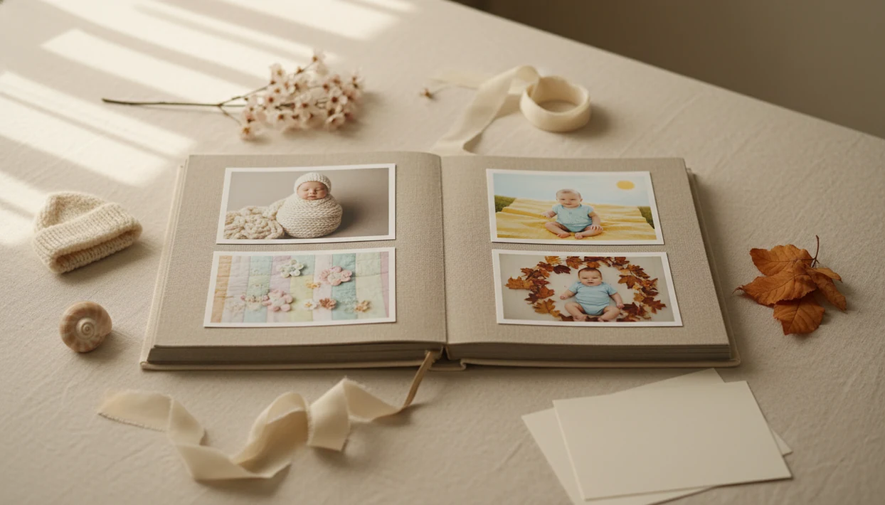 A family photo album shows seasonal baby prints surrounded by small keepsake props for each time of year.