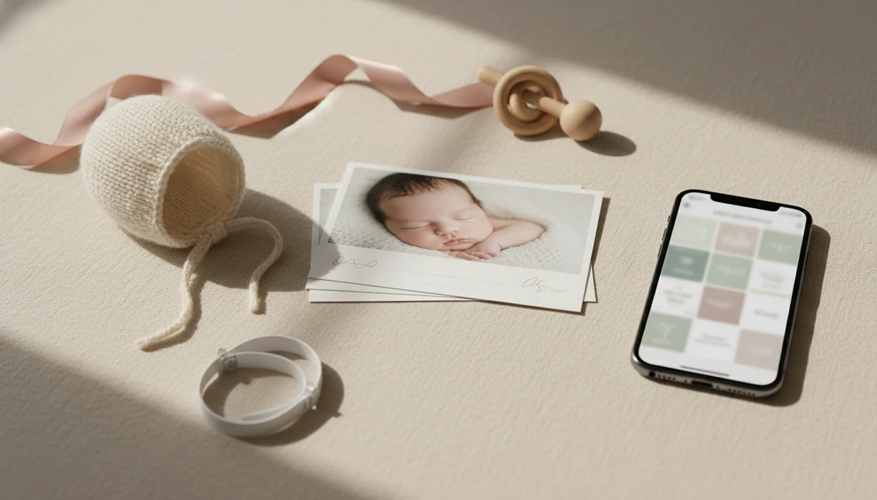 A flat lay of baby announcement cards, a phone, and newborn keepsakes on soft linen.