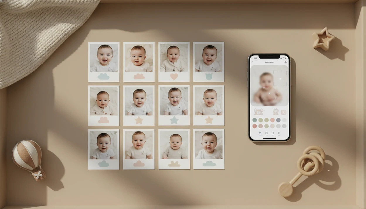 A nursery flat lay shows twelve baby photo prints beside a phone with a milestone editing screen.