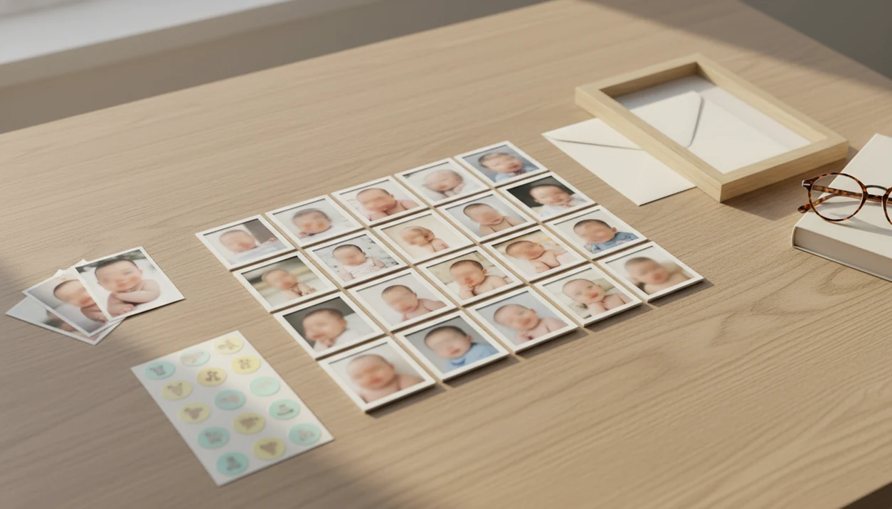 A baby photo collage print lies on a desk with photos, stickers, a frame, and grandparent reading glasses.