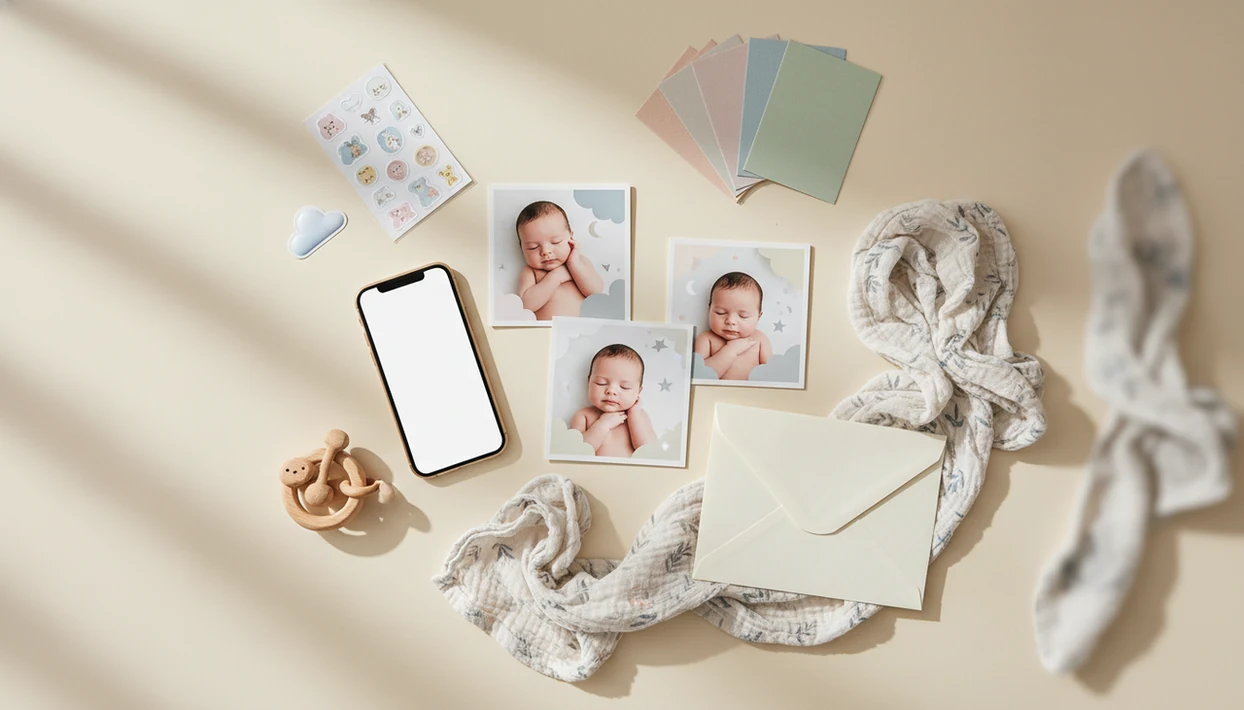 A phone, printed baby keepsake photos, stickers, and nursery items arranged on a soft cream tabletop.