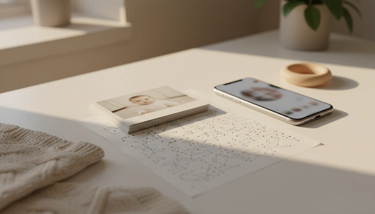 Face-down baby photos, a phone, and abstract data lines suggest privacy questions around AI training.