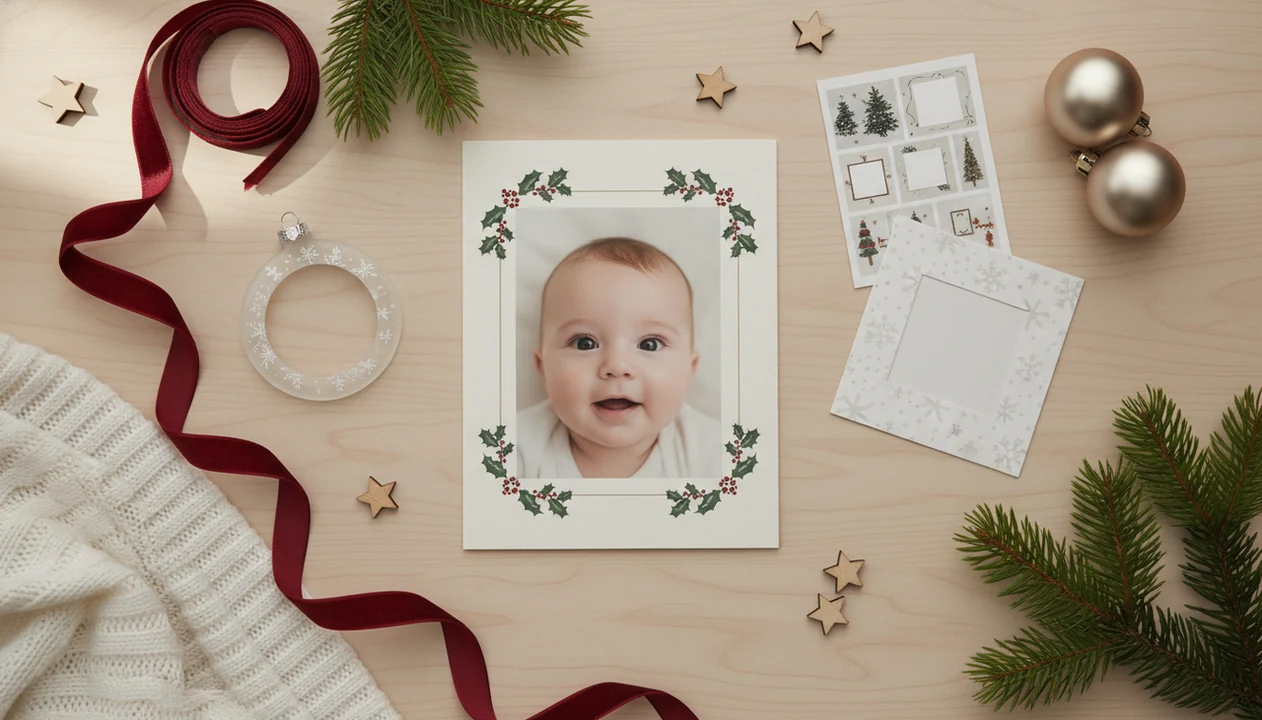 A cozy flat lay of baby photo templates for Christmas cards, ornaments, posts, and keepsakes.