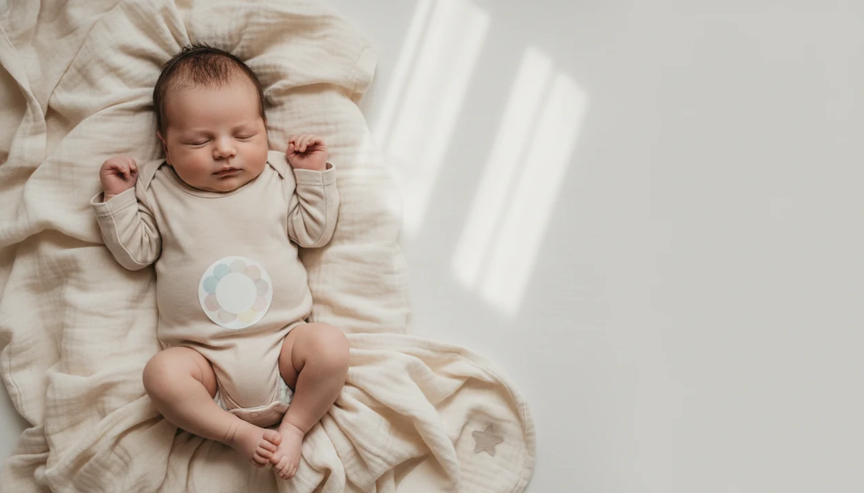 A newborn lies on a cream blanket with one simple pastel sticker placed neatly on the onesie.