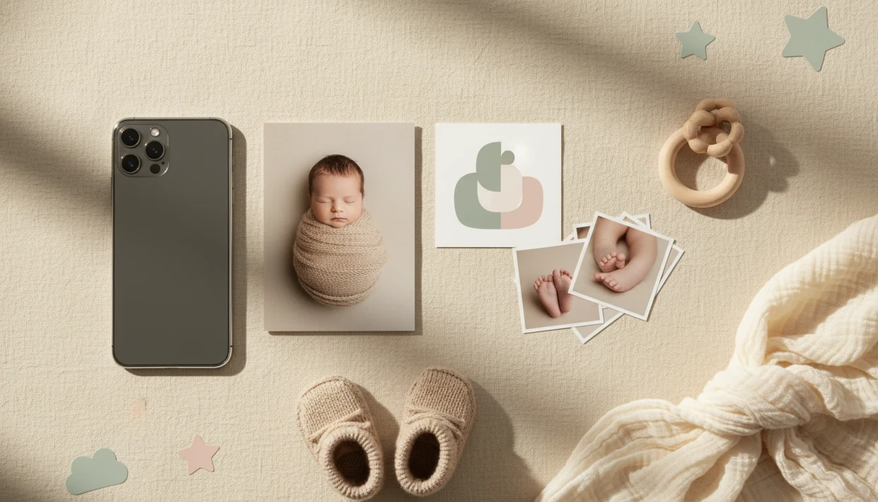 Printed newborn keepsakes, baby accessories, and a smartphone arranged on soft linen.