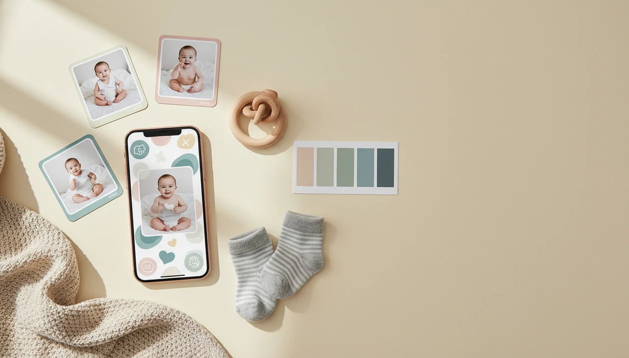 A phone and printed baby milestone photos arranged on a soft nursery desk with baby keepsake items.