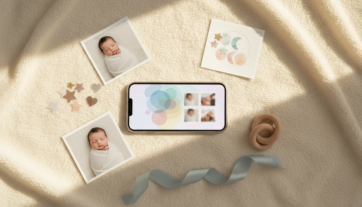 A phone surrounded by baby keepsake prints, stickers, and nursery items on a soft blanket.