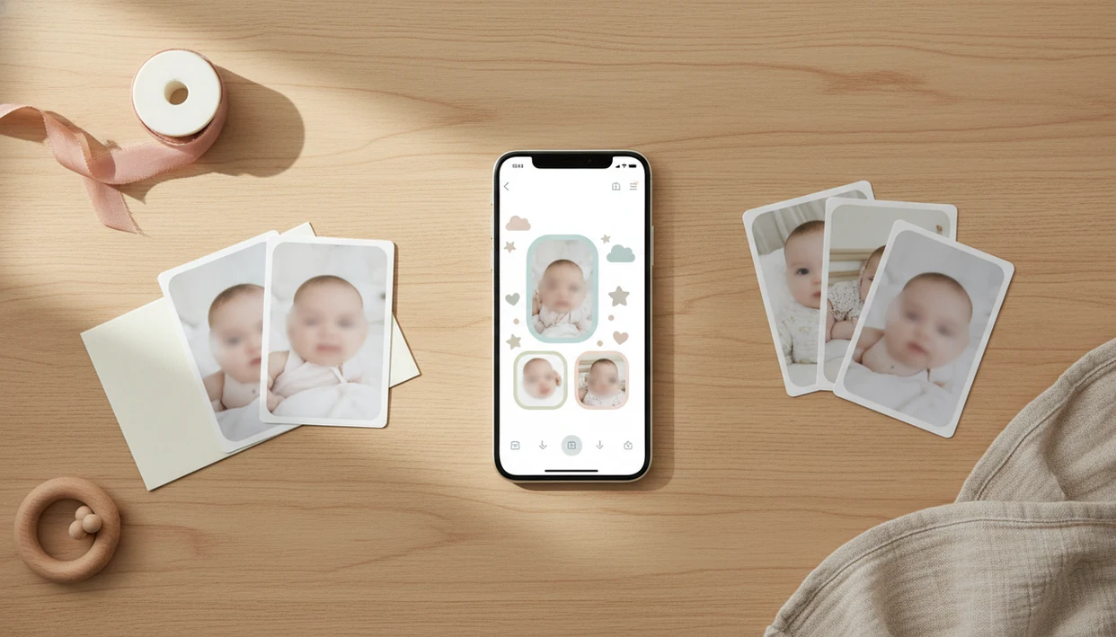 A smartphone and printed baby photo collages arranged on a soft nursery desk for keepsake making.