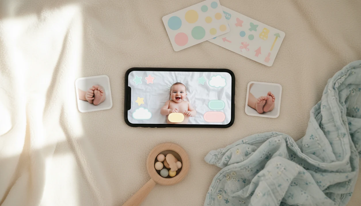 A phone on a nursery blanket shows a baby photo decorated with pastel milestone stickers.