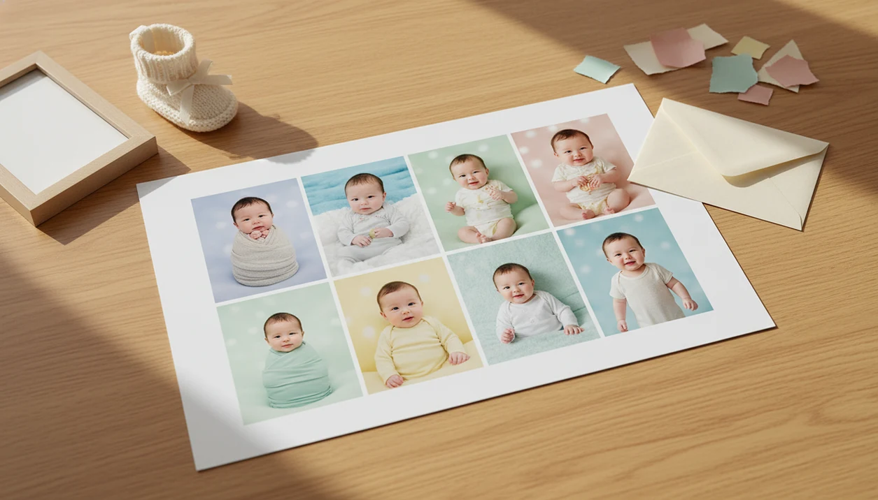 A printed 12-photo baby collage poster on a table with simple keepsake items around it.