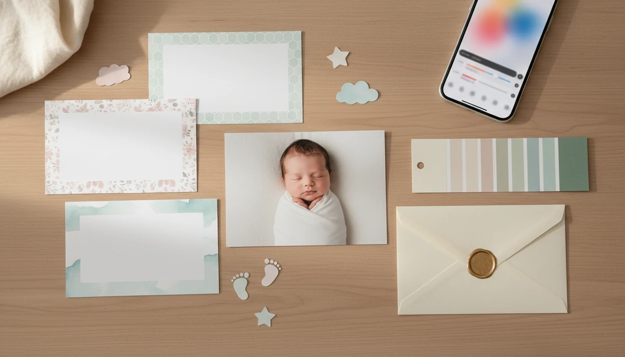 A nursery desk with a newborn photo, blank announcement cards, stickers, phone, envelope, and color swatches.