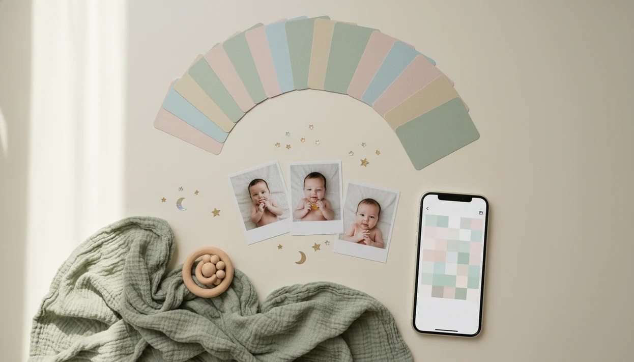 A tidy flat lay of blank baby milestone cards, photos, stickers, and a phone on a nursery table.