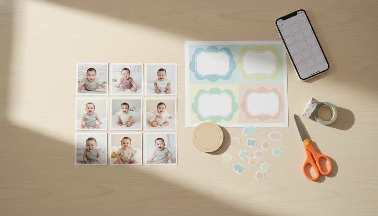 A tabletop setup with baby photos, collage prints, stickers, tape, and a phone for making keepsakes.
