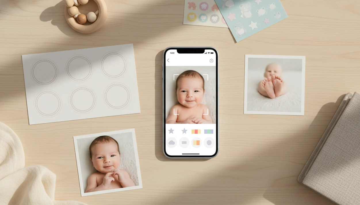 A phone and printed baby keepsake photos arranged with nursery items on a soft cream desk.