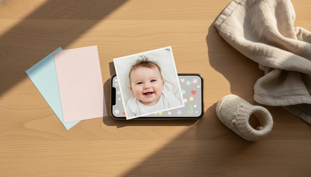 A nursery desk with a baby photo, phone, and pastel sticker sheets for decorating milestone pictures.