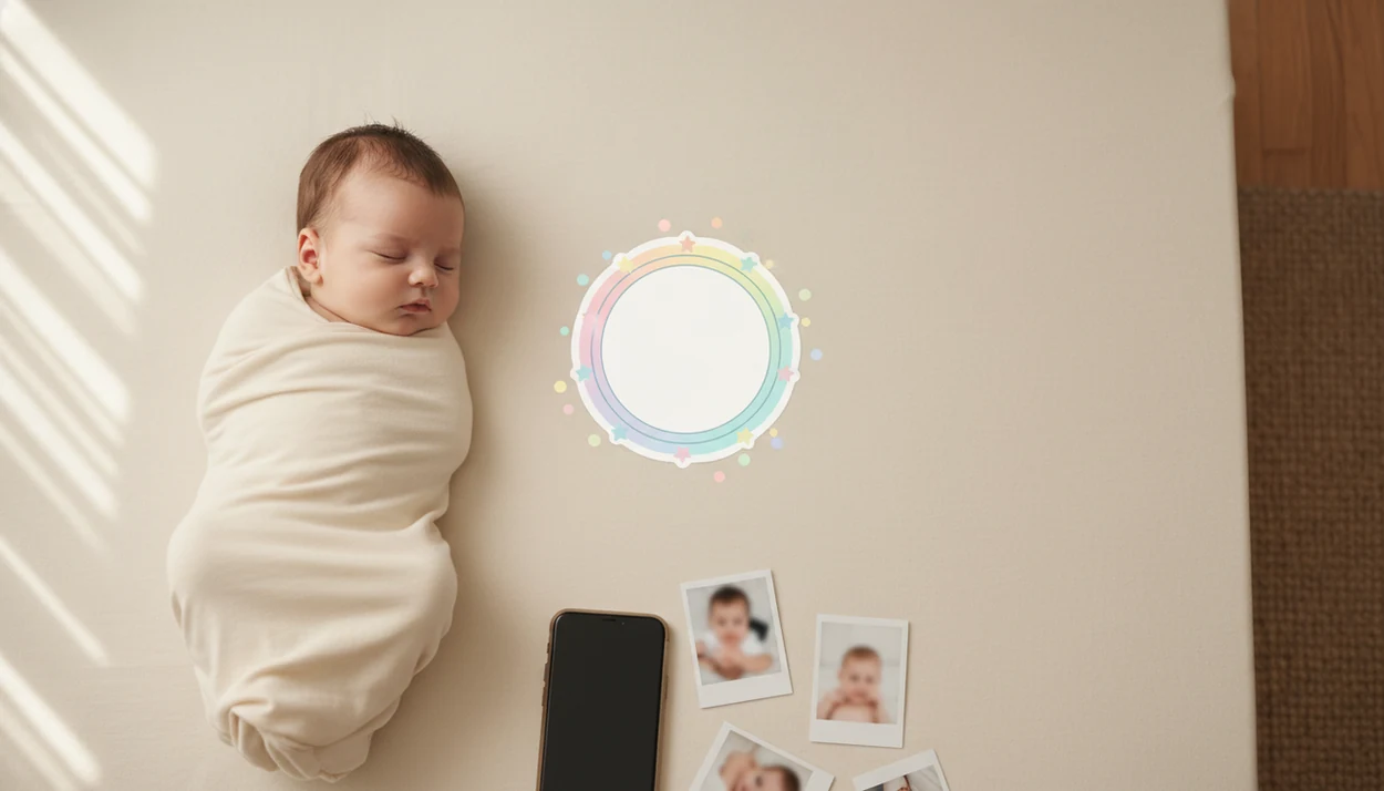 A sleeping baby on a plain blanket with a blank pastel milestone sticker placed in open space.