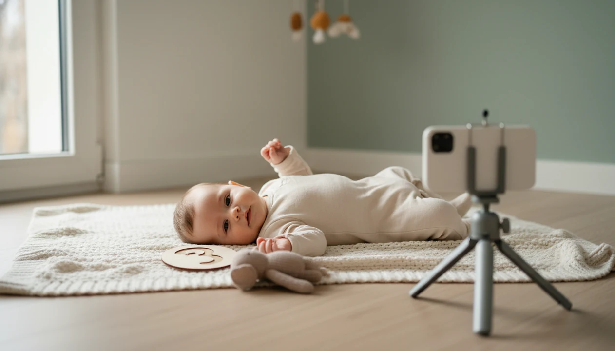 A baby lies on a blanket near a window while a phone on a tripod is set up for a milestone photo.
