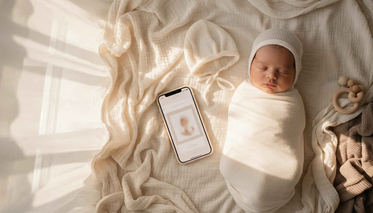 A newborn on a cream blanket beside a phone prepared for a simple birth announcement photo.