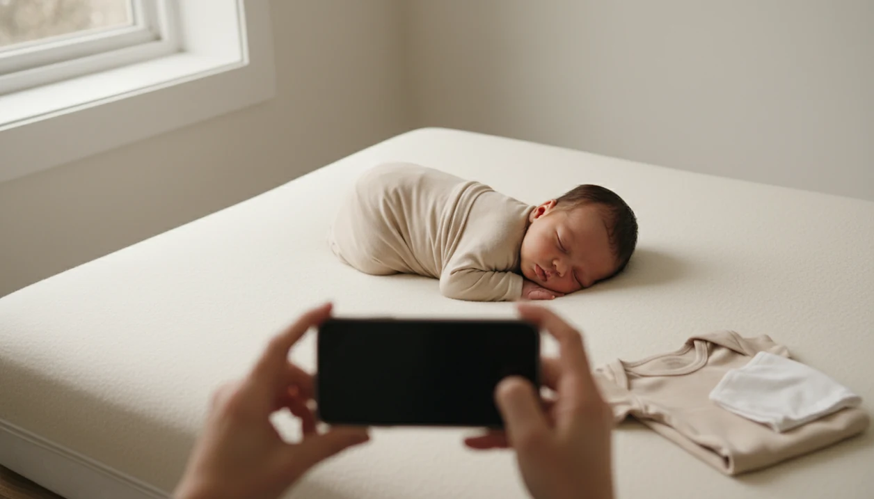 A parent photographs a safely swaddled newborn in soft window light on a simple cream blanket.