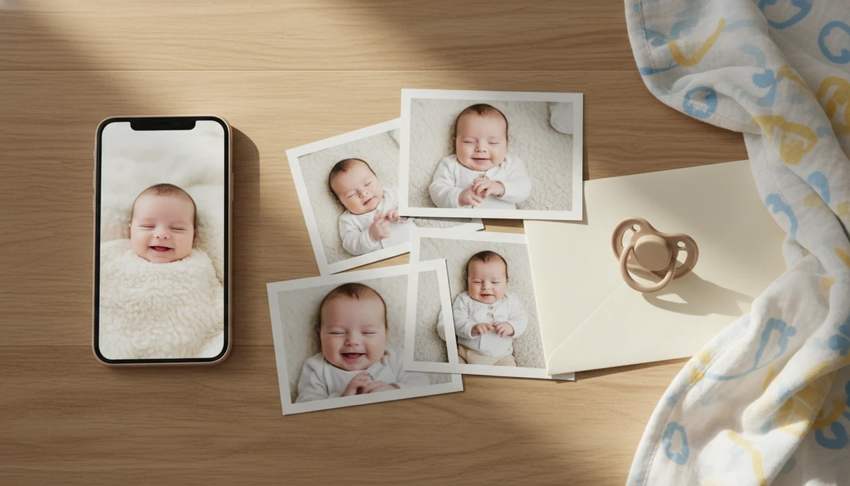 A phone beside printed baby photos, showing a simple workflow from camera roll to finished prints.