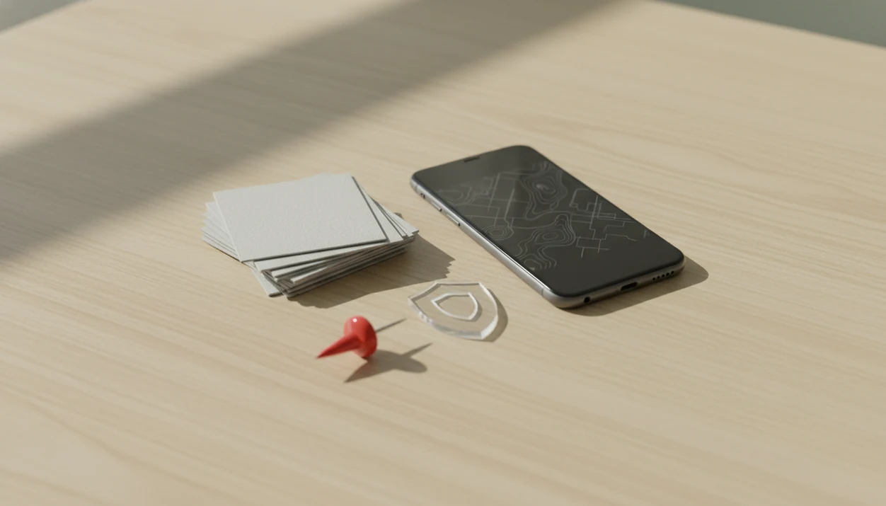 A stack of face-down baby photos beside a phone, map pin, and privacy shield on a neutral desk.